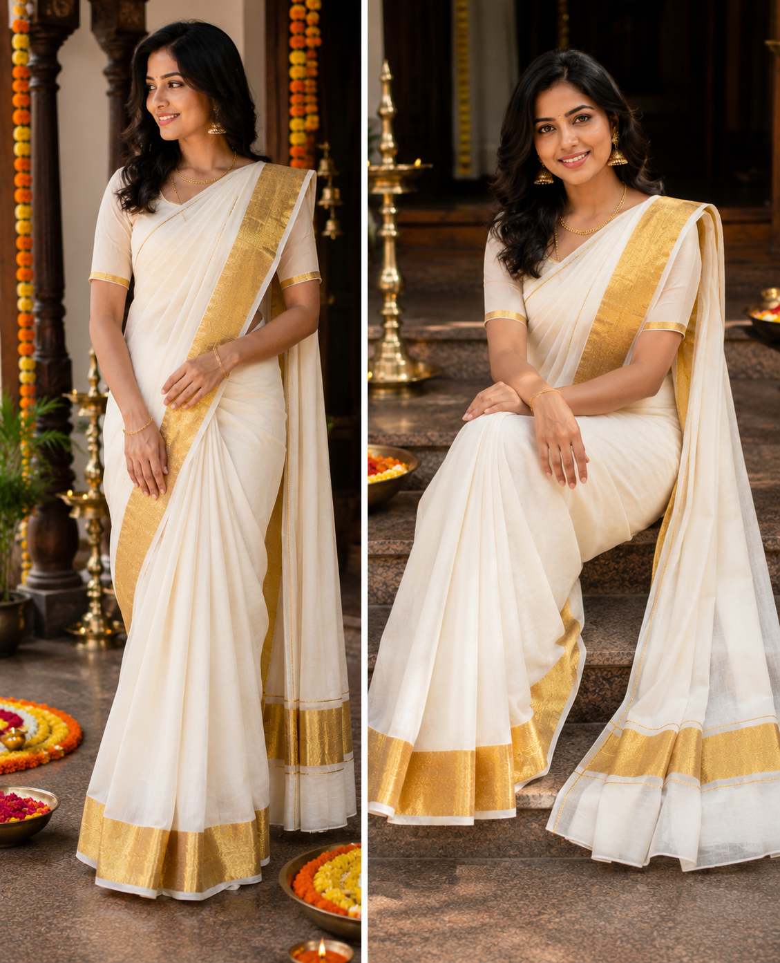 Pure Kerala Kasavu Handwoven Cotton Saree – White & Gold - close-up detail view | Chindak Textiles