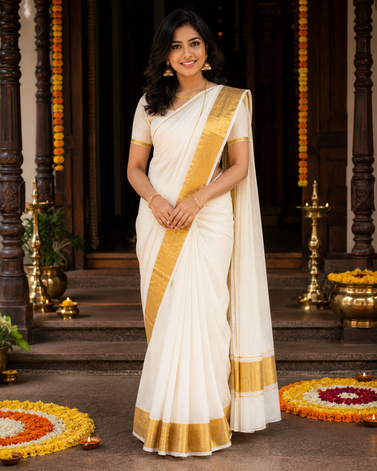 Pure Kerala Kasavu Handwoven Cotton Saree – White & Gold - front view | Chindak Textiles