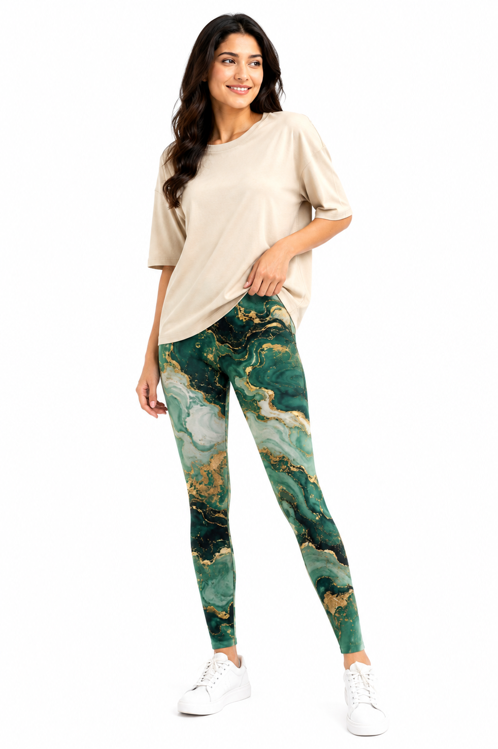 Women’s Green & Gold Marble Print Stylish Leggings Pants - Western Wear - close-up detail view | Qikink