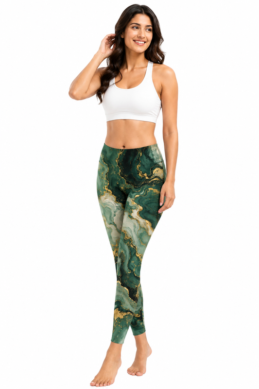 Women’s Green & Gold Marble Print Stylish Leggings Pants - Western Wear - front view | Qikink