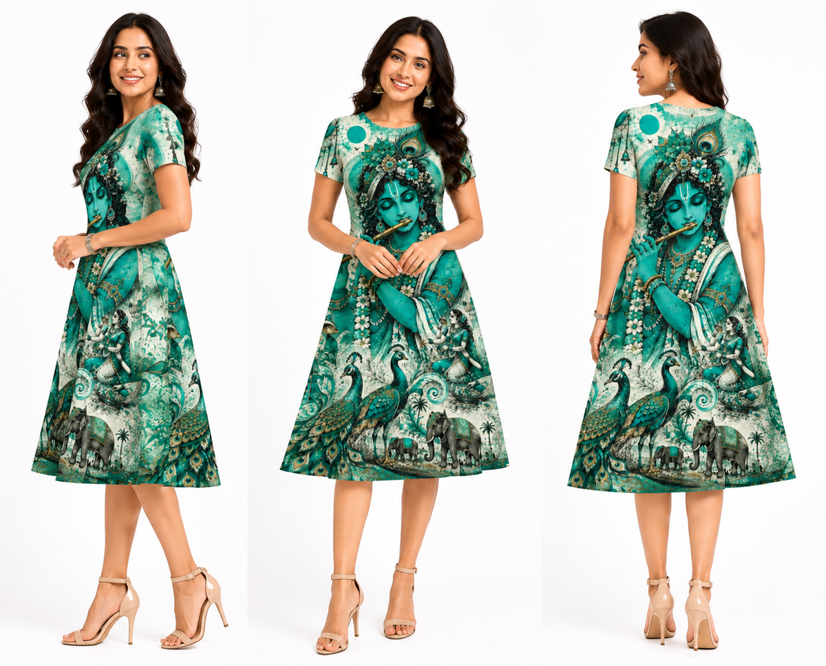 Teal Krishna Art Print A-Line Dress & Kurti for Women