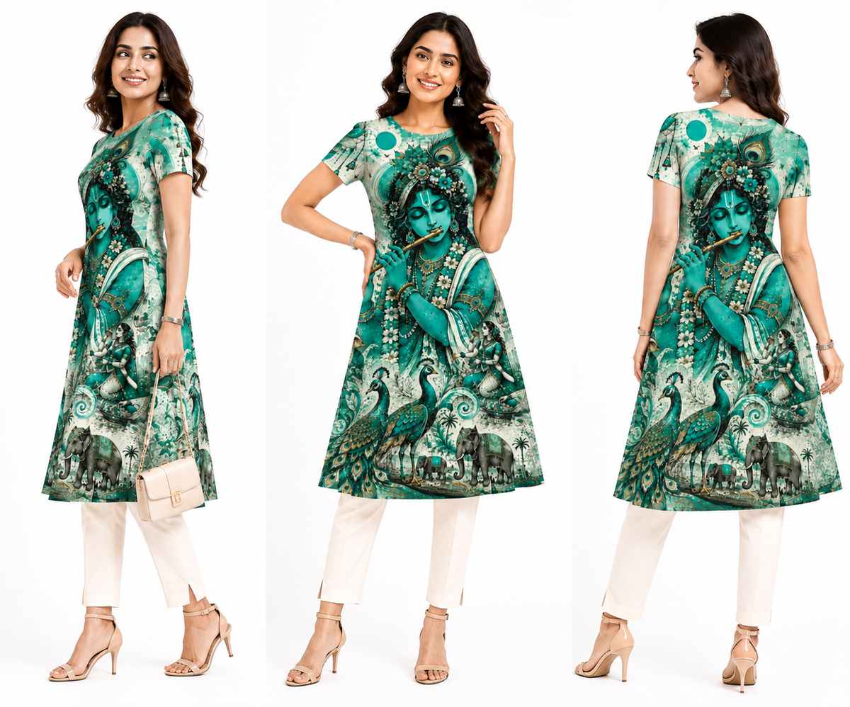 Teal Krishna Art Print A-Line Dress & Kurti for Women