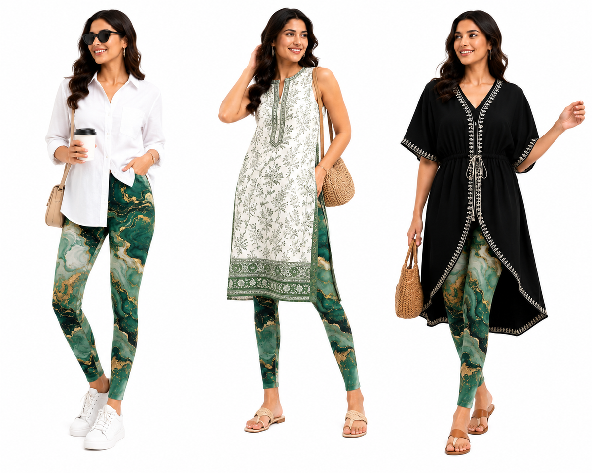 Women’s Green & Gold Marble Print Stylish Leggings Pants - Western Wear - styled full look | Qikink