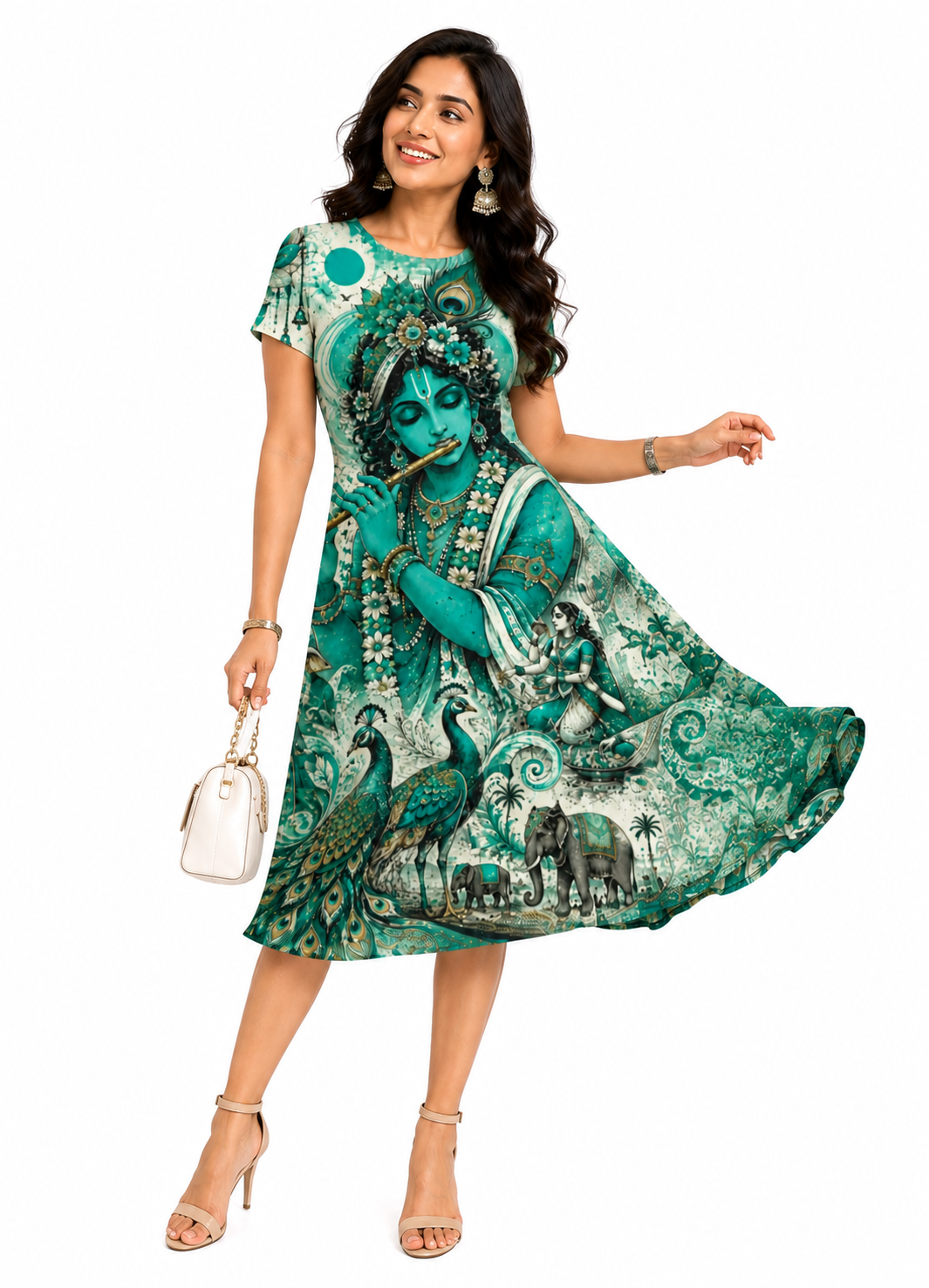 Teal Krishna Art Print A-Line Dress & Kurti for Women