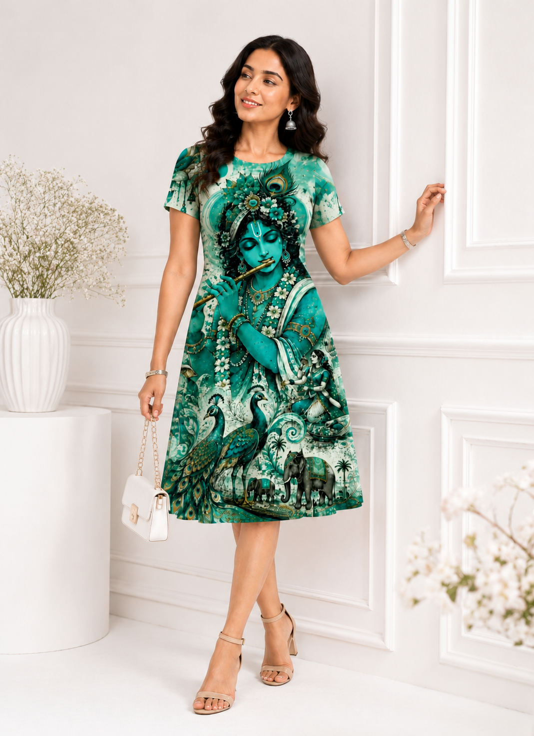 Teal Krishna Art Print A-Line Dress & Kurti for Women