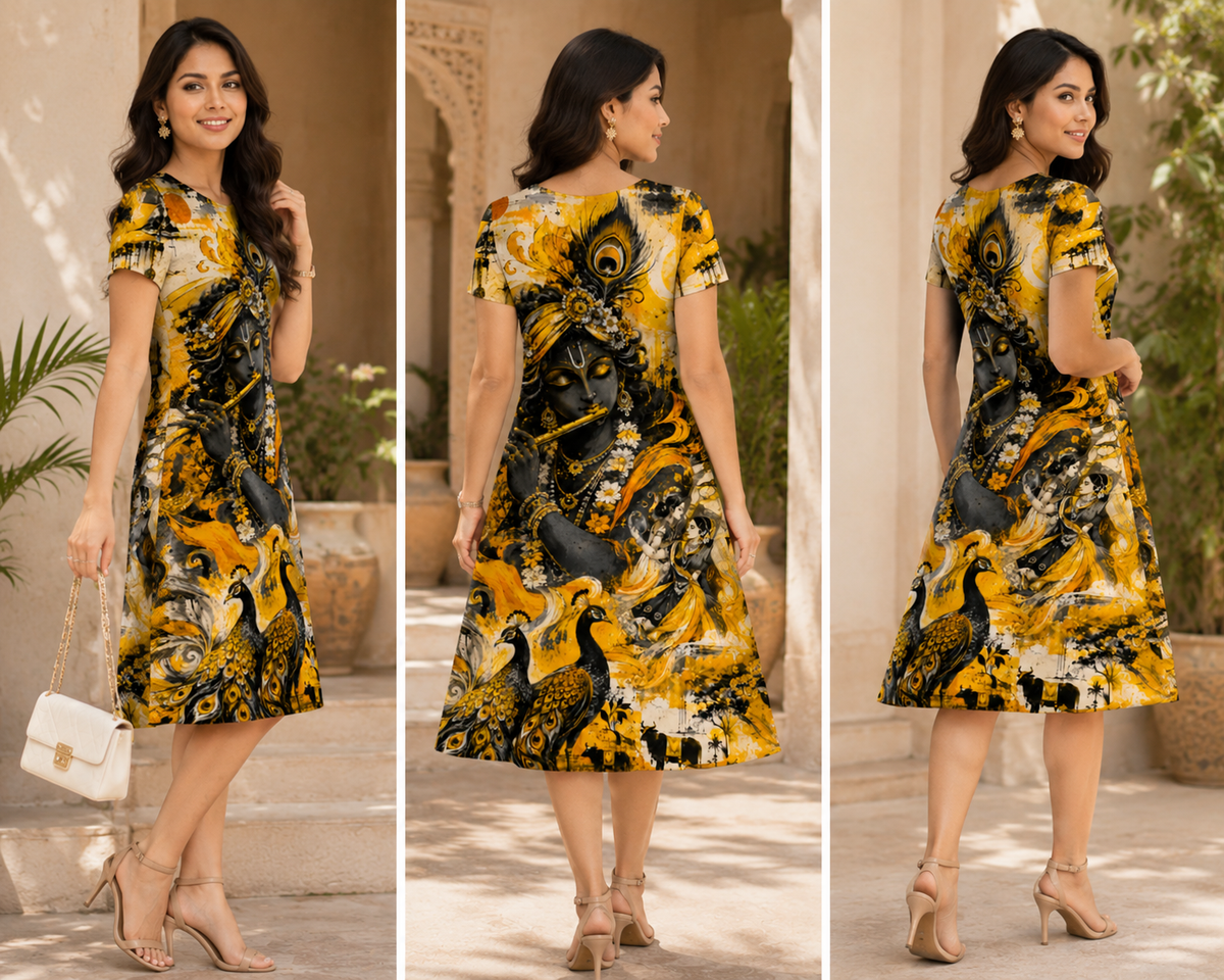 Yellow Krishna-Inspired Art Print A-Line Dress & Kurti for Women