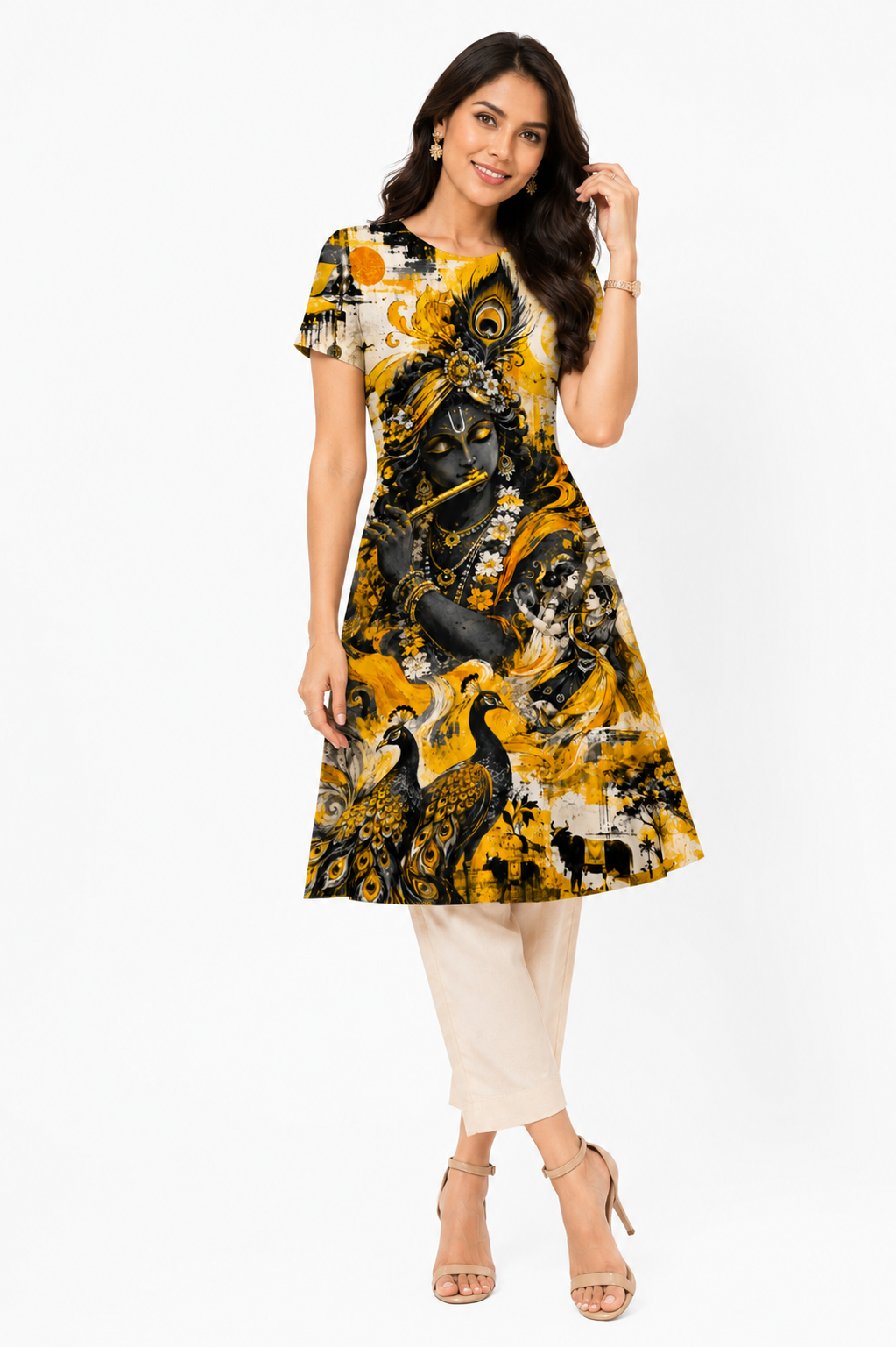 Yellow Krishna-Inspired Art Print A-Line Dress & Kurti for Women
