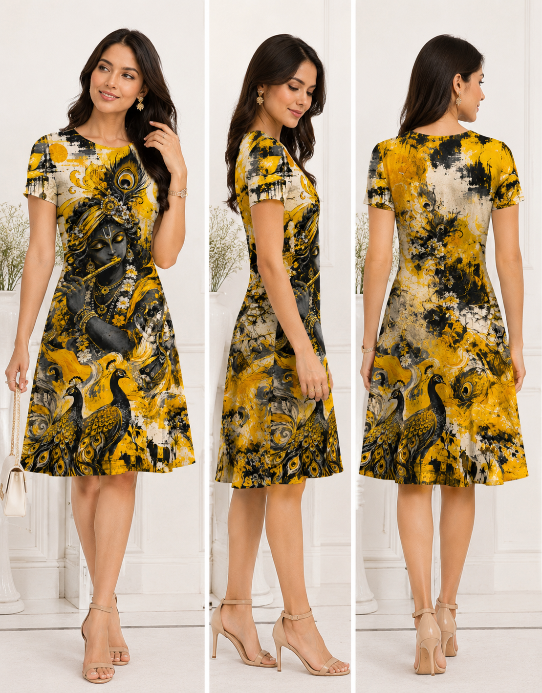 Yellow Krishna-Inspired Art Print A-Line Dress & Kurti for Women