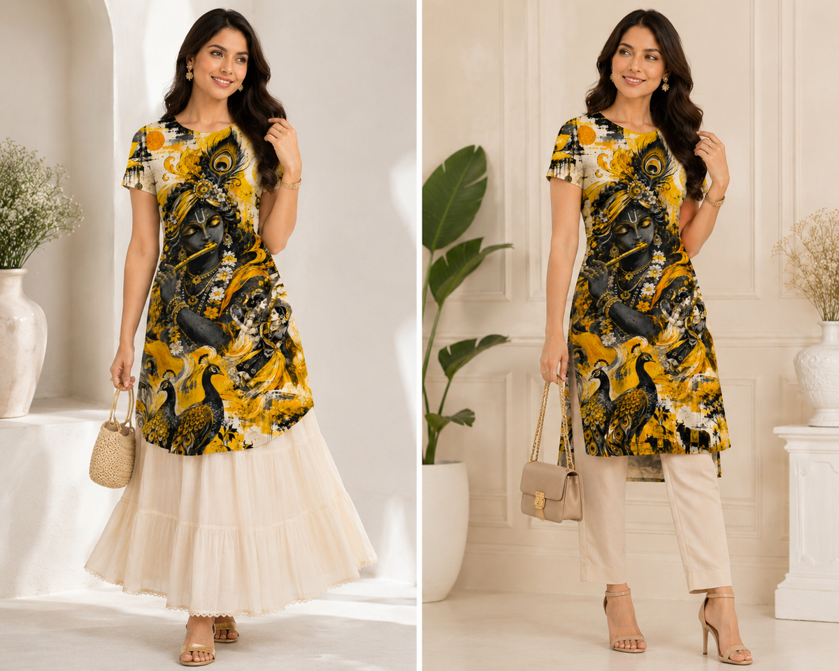 Yellow Krishna-Inspired Art Print A-Line Dress & Kurti for Women