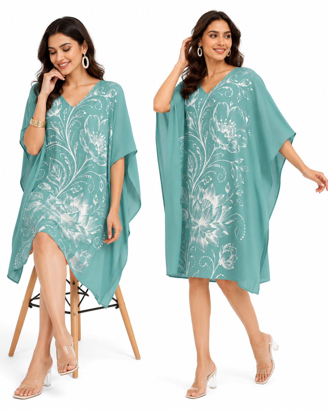 Teal Floral Print Polywoven Satin Kaftan Dress for Women