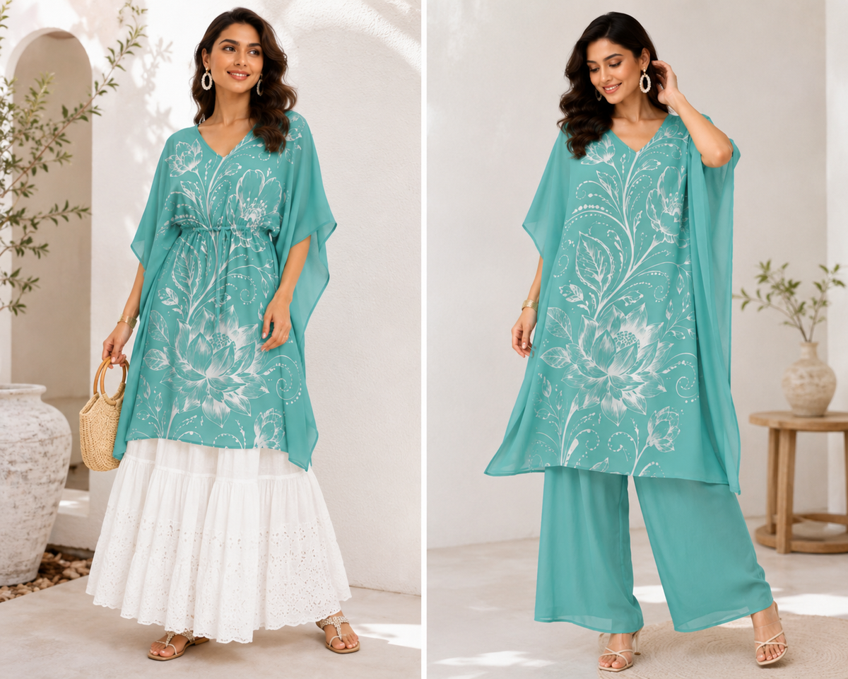 Teal Floral Print Polywoven Satin Kaftan Dress for Women