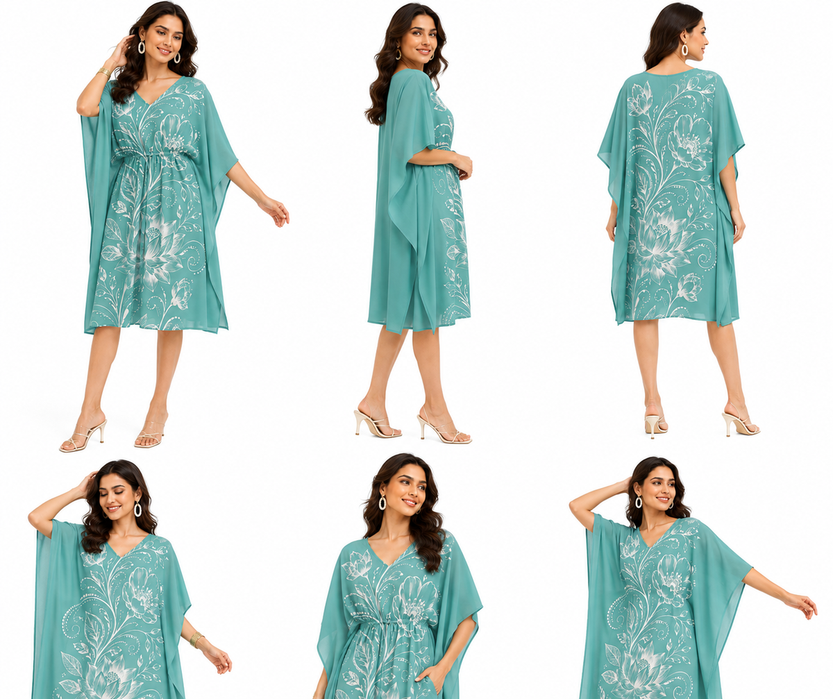 Teal Floral Print Polywoven Satin Kaftan Dress for Women