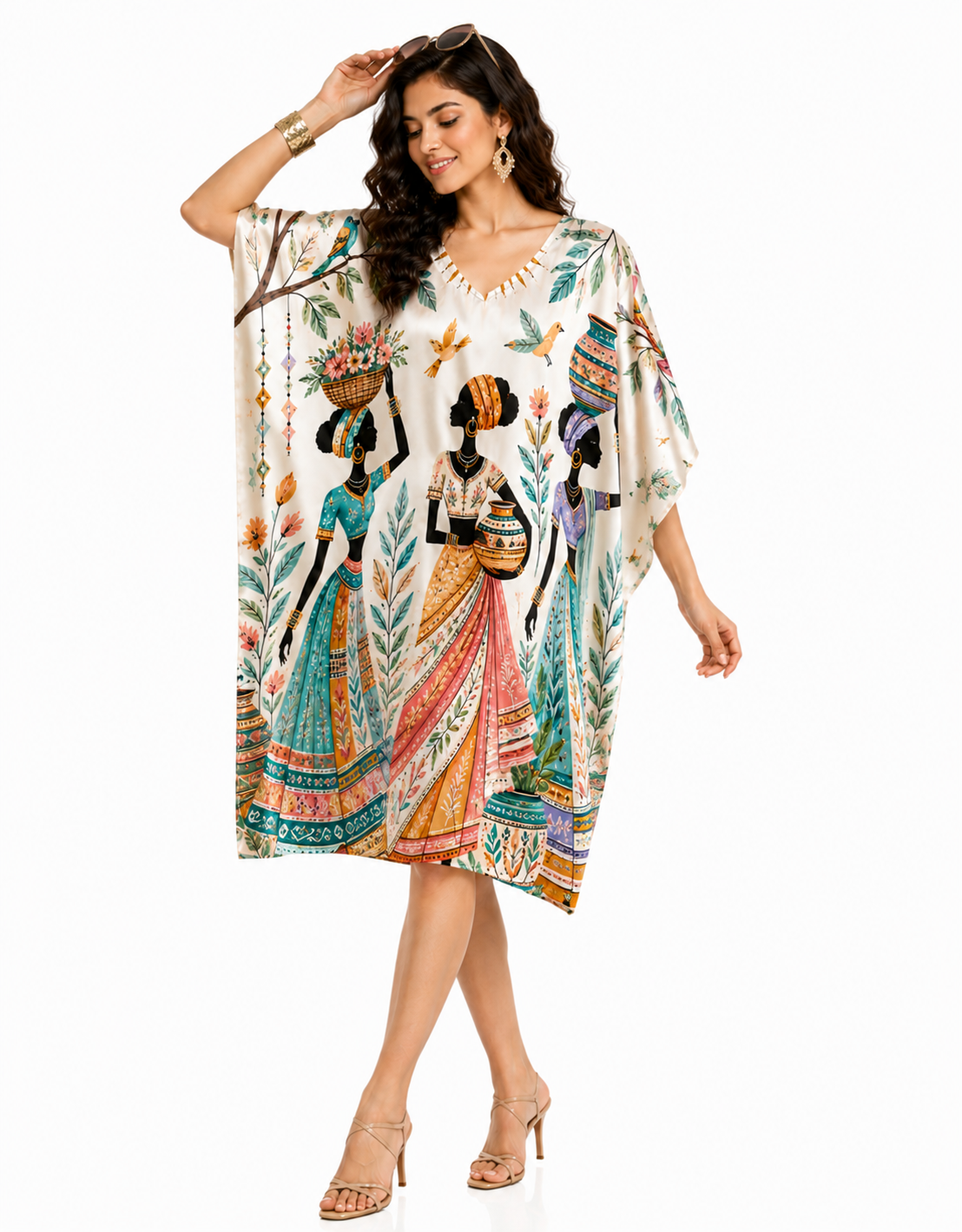 Printed Polywoven Satin Kaftan Midi Dress for Women – Adjustable Waist