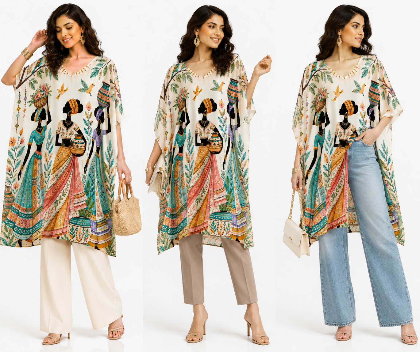 Printed Polywoven Satin Kaftan Midi Dress for Women – Adjustable Waist