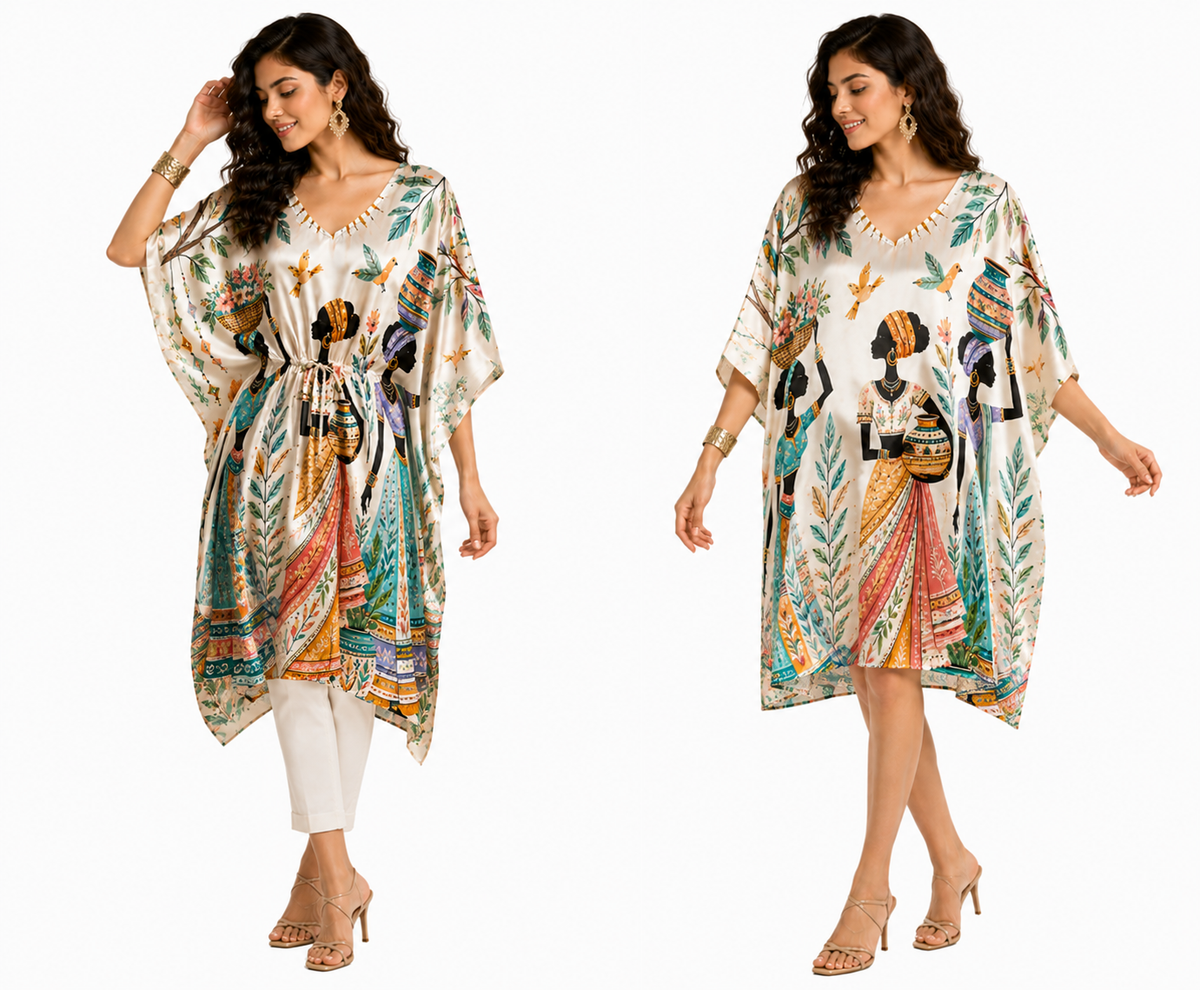 Printed Polywoven Satin Kaftan Midi Dress for Women – Adjustable Waist