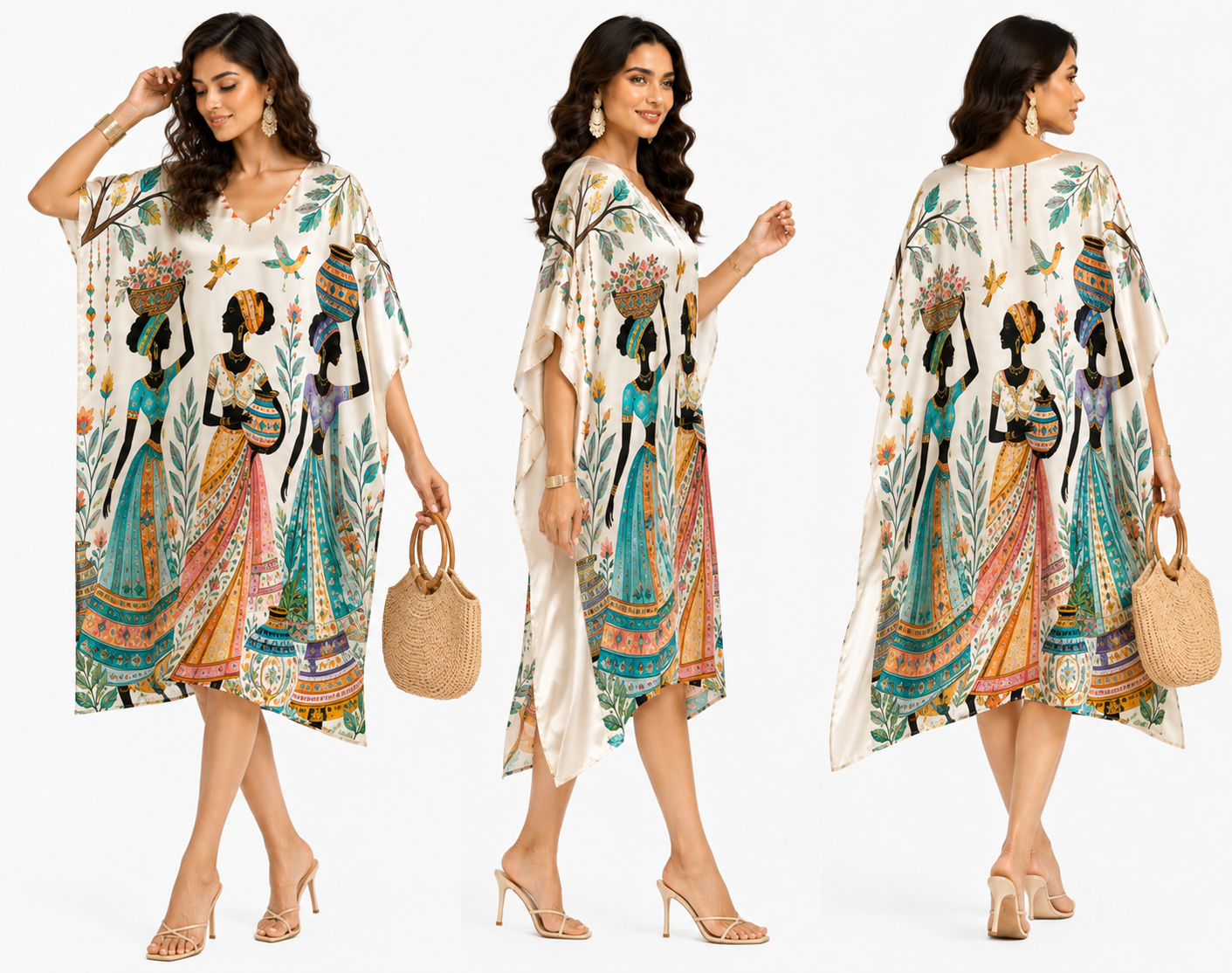 Printed Polywoven Satin Kaftan Midi Dress for Women – Adjustable Waist