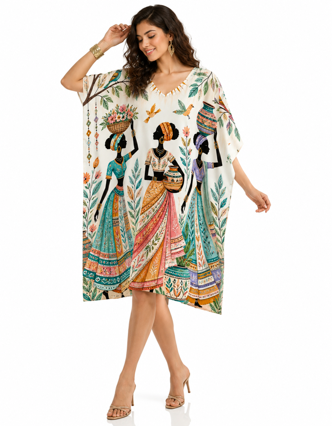 Printed Polywoven Satin Kaftan Midi Dress for Women – Adjustable Waist