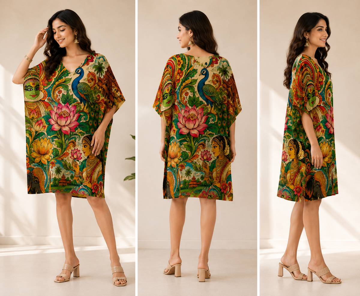Kerala Mural Art Kaftan Midi Dress for Women - Western Wear - side view | Qikink