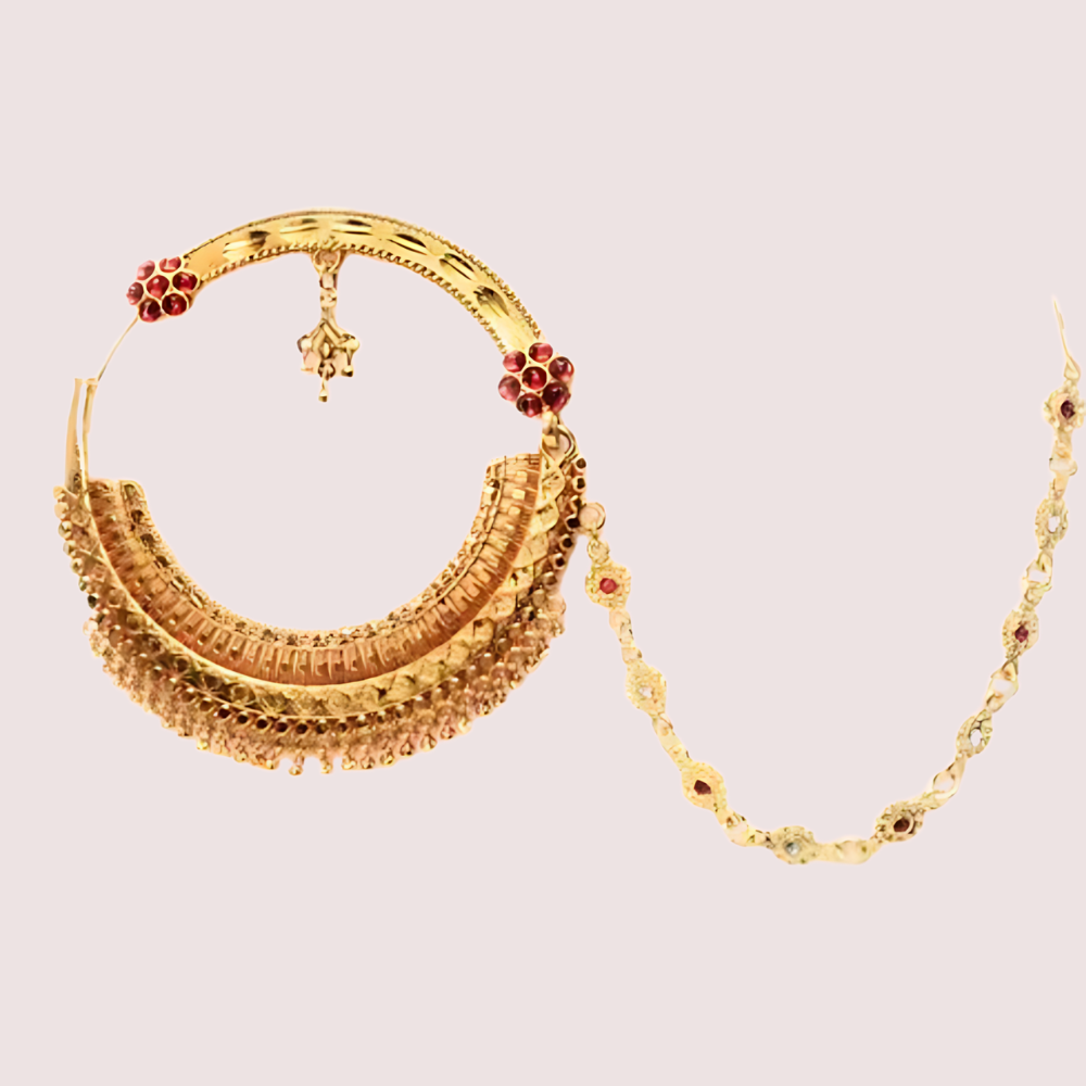 Women's Golden Gold-Plated Nose Ring, Exquisite Golden Bridal Nath - Apparel - close-up detail view | Snazzyway