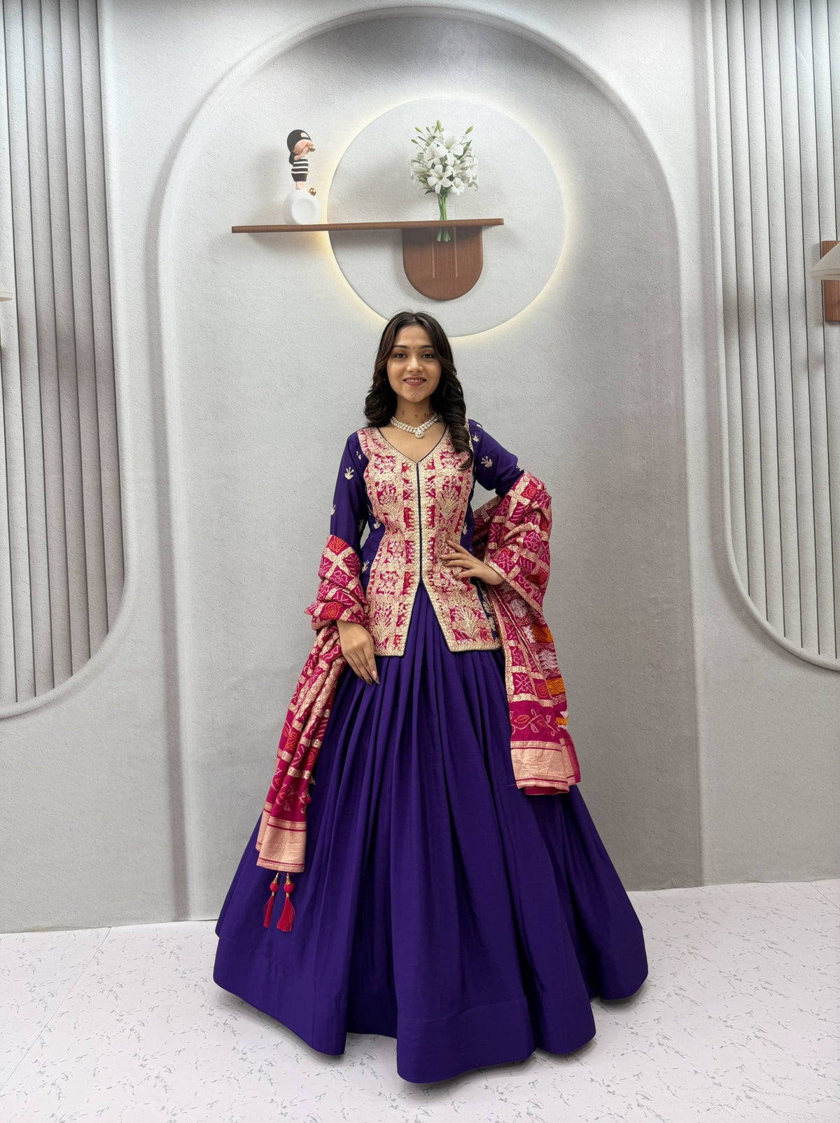 Royal Purple & Pink Bandhani Lehenga Kurti Set - Western Wear - front view | Nardev Fashions