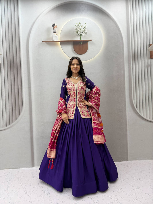 Royal Purple & Pink Bandhani Lehenga Kurti Set - Western Wear - front view | Nardev Fashions