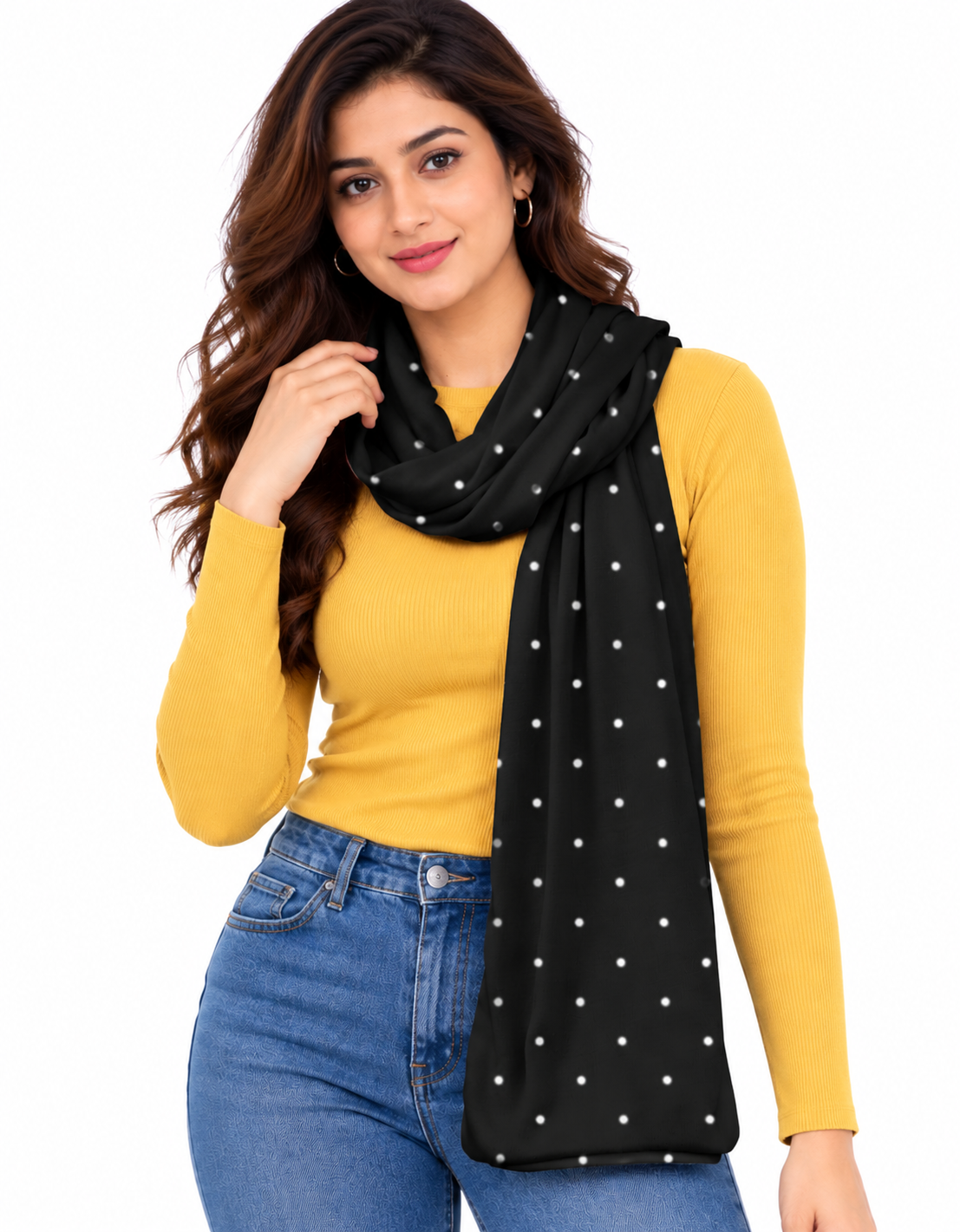 Ajaini Black Polka Dot Soft Polywoven Satin Stole for Women – Stylish Modern Scarf