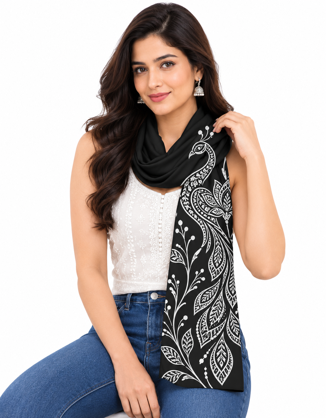 Black Stole with White Peacock & Botanical Art Print for Women