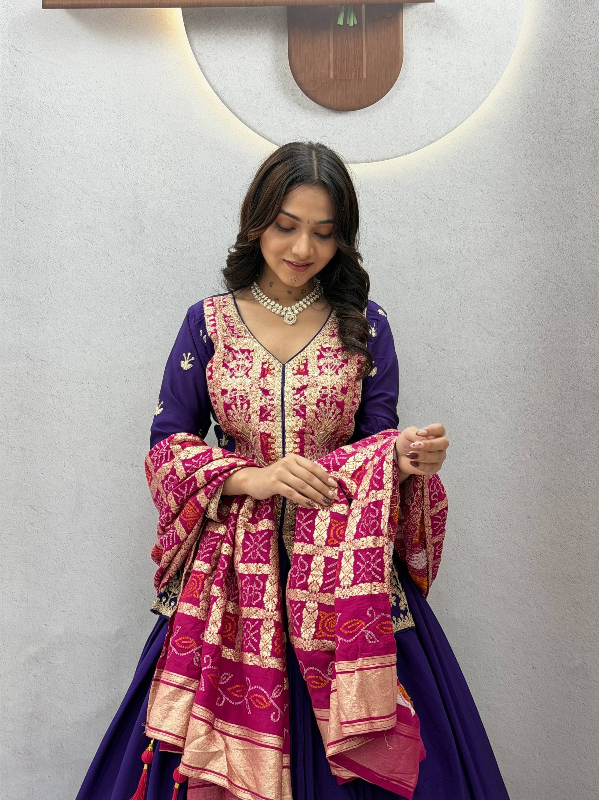 Royal Purple & Pink Bandhani Lehenga Kurti Set - Western Wear - close-up detail view | Nardev Fashions
