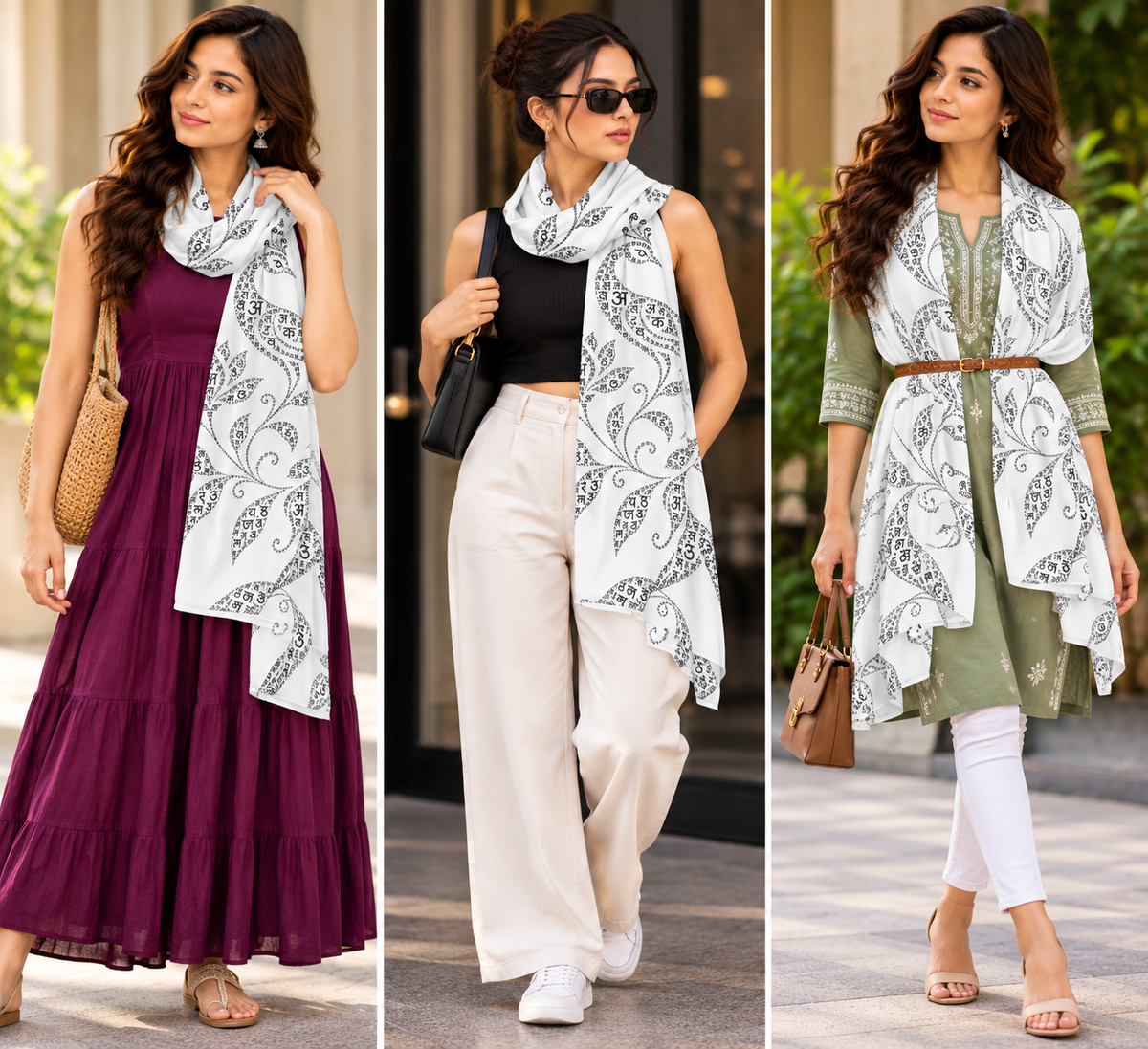 Women's White Indian Language Art-Inspired Printed Stole – Black Script & Peacock Floral Design