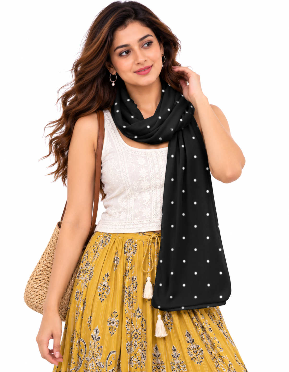 Ajaini Black Polka Dot Soft Polywoven Satin Stole for Women – Stylish Modern Scarf