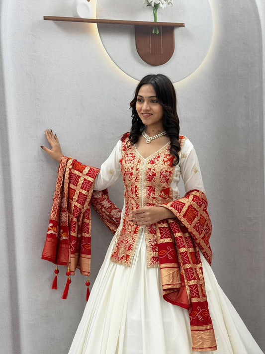 Off-White & Red Bandhani Lehenga Kurti Set - Western Wear - front view | Nardev Fashions