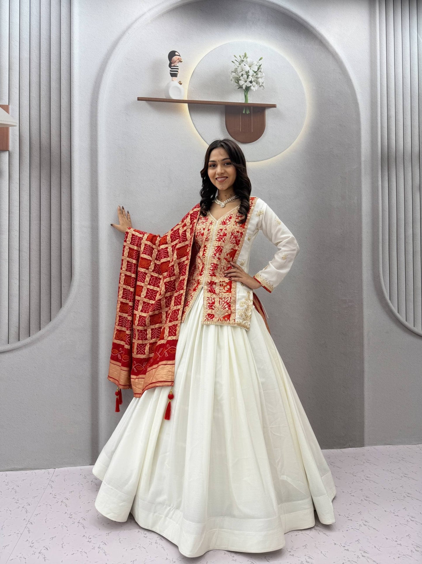 Off-White & Red Bandhani Lehenga Kurti Set - Western Wear - close-up detail view | Nardev Fashions