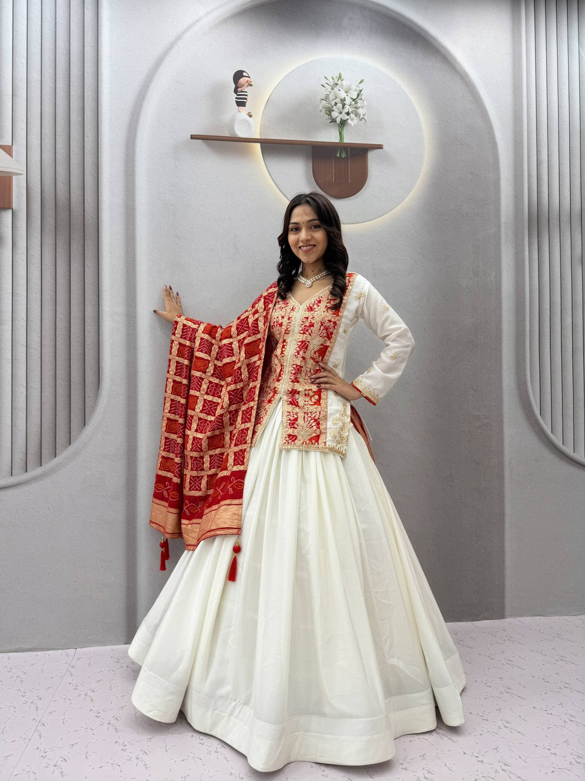 Off-White & Red Bandhani Lehenga Kurti Set - Western Wear - close-up detail view | Nardev Fashions