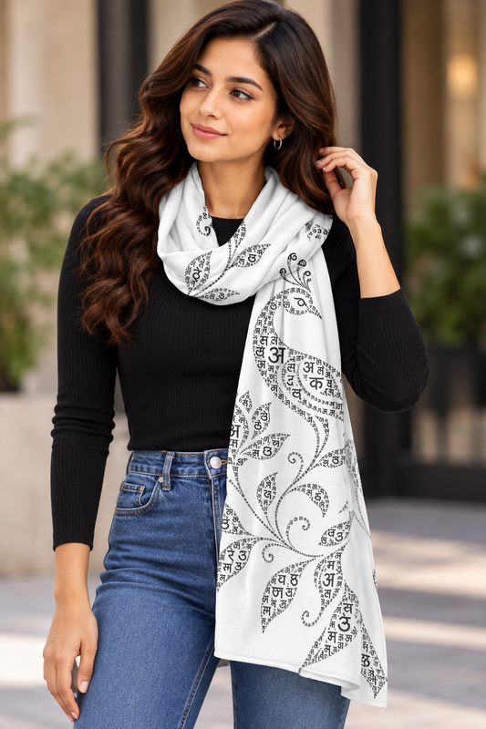 Women's White Indian Language Art-Inspired Printed Stole – Black Script & Peacock Floral Design