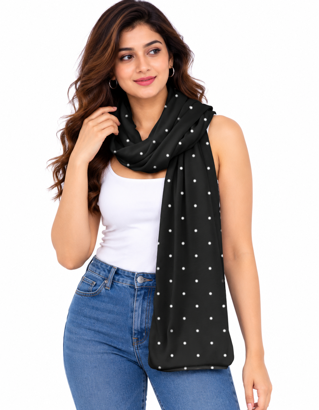 Ajaini Black Polka Dot Soft Polywoven Satin Stole for Women – Stylish Modern Scarf