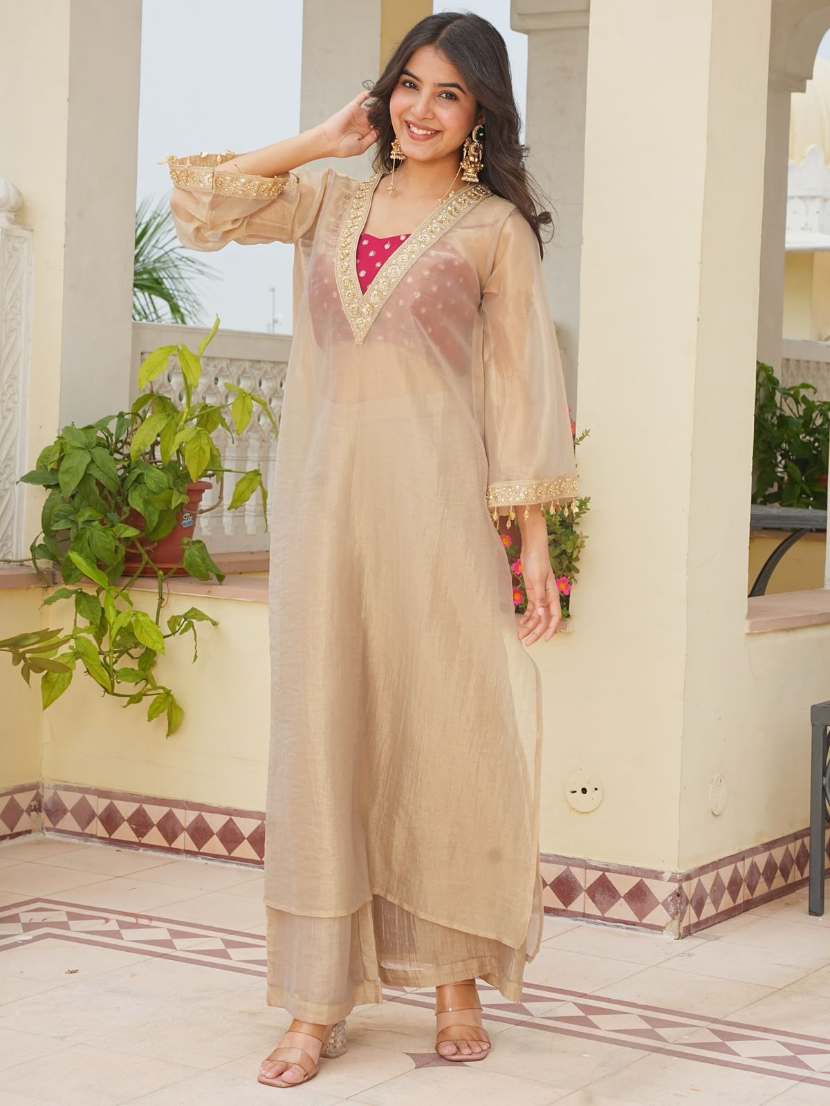Golden Tissue Salsa Designer Party Wear Three Piece Kurta Set - back view | Nardev Fashions