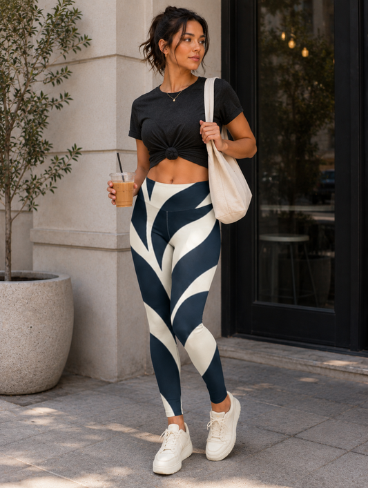 Midnight Ivory Flow Stretchable Printed Leggings for Women