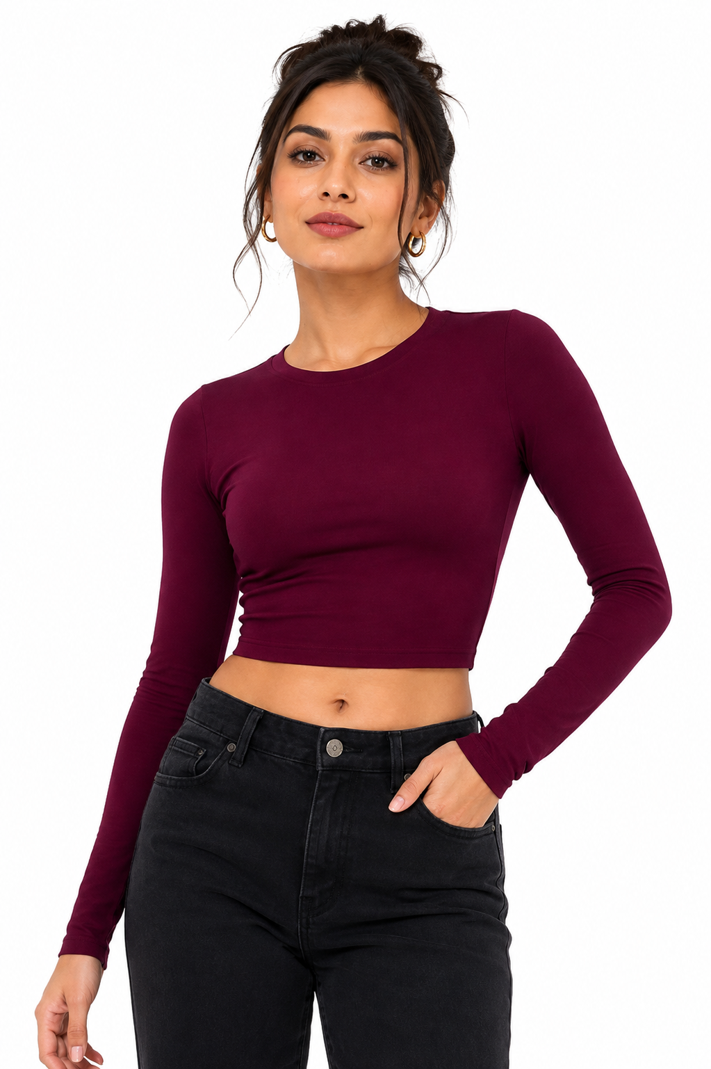 Women’s Burgundy Full Sleeve Crop Top - Western Wear - close-up detail view | Qikink