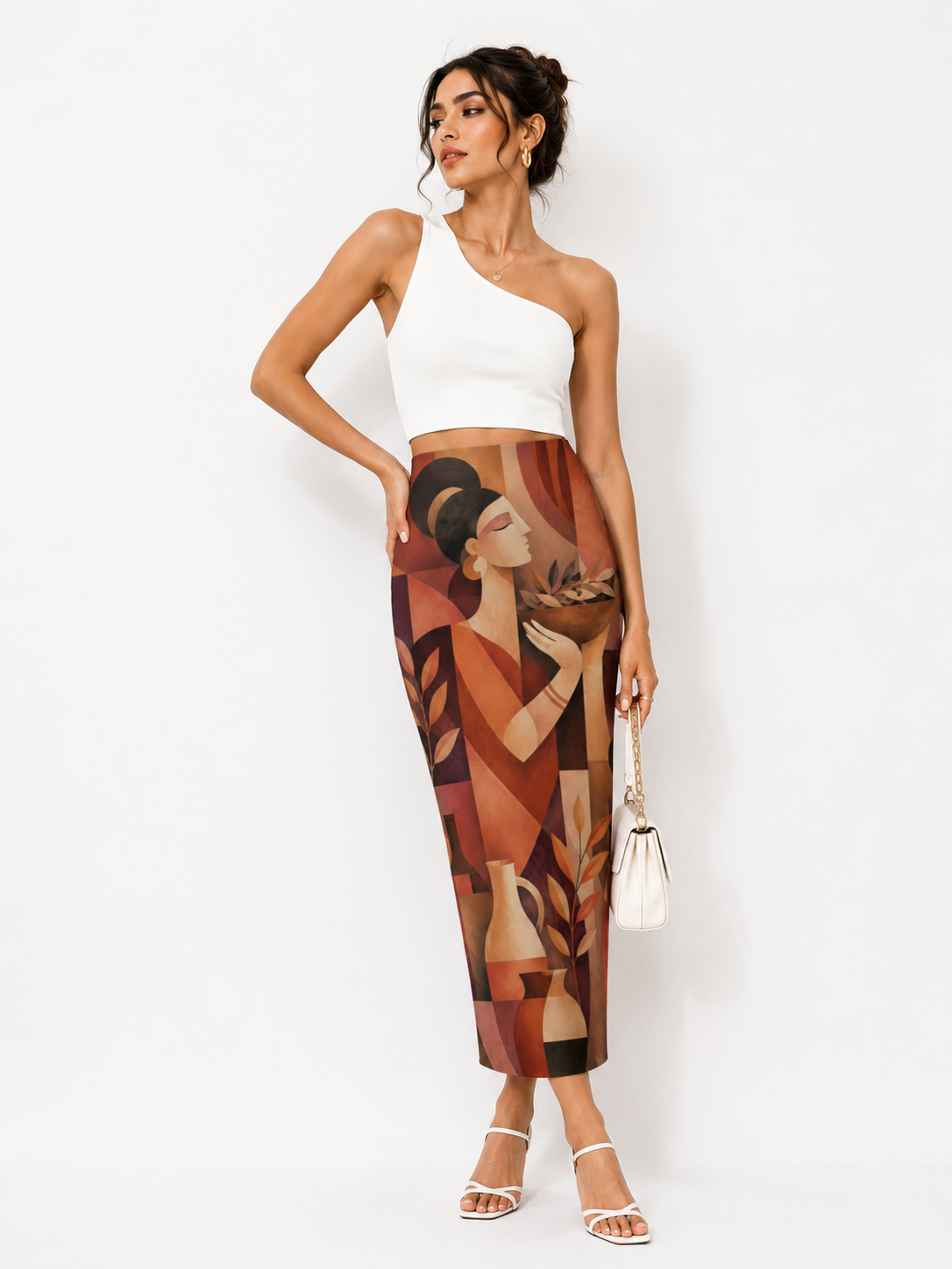 Terracotta Muse Geometric Art Printed Pencil Skirt for Women