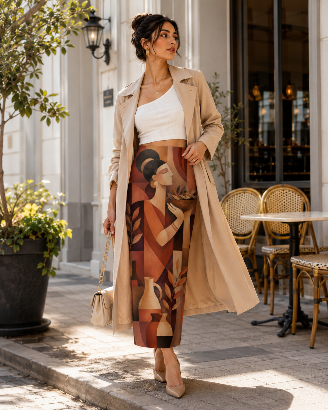 Terracotta Muse Geometric Art Printed Pencil Skirt for Women
