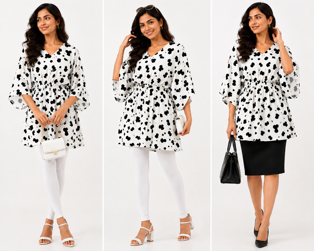 Women’s Black & White Leopard Print Kaftan Midi Dress | V-Neck Kimono Sleeve Flared Dress with Hidden Waist Belt | Standalone Dress or Paired with Pants, Stylish Casual & Outing Wear