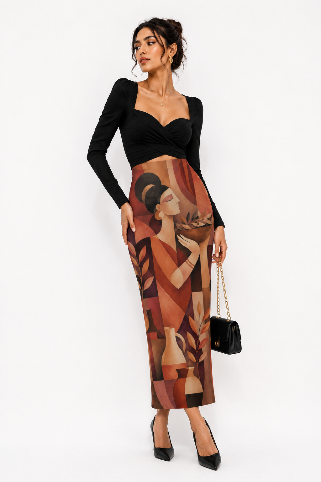 Terracotta Muse Geometric Art Printed Pencil Skirt for Women