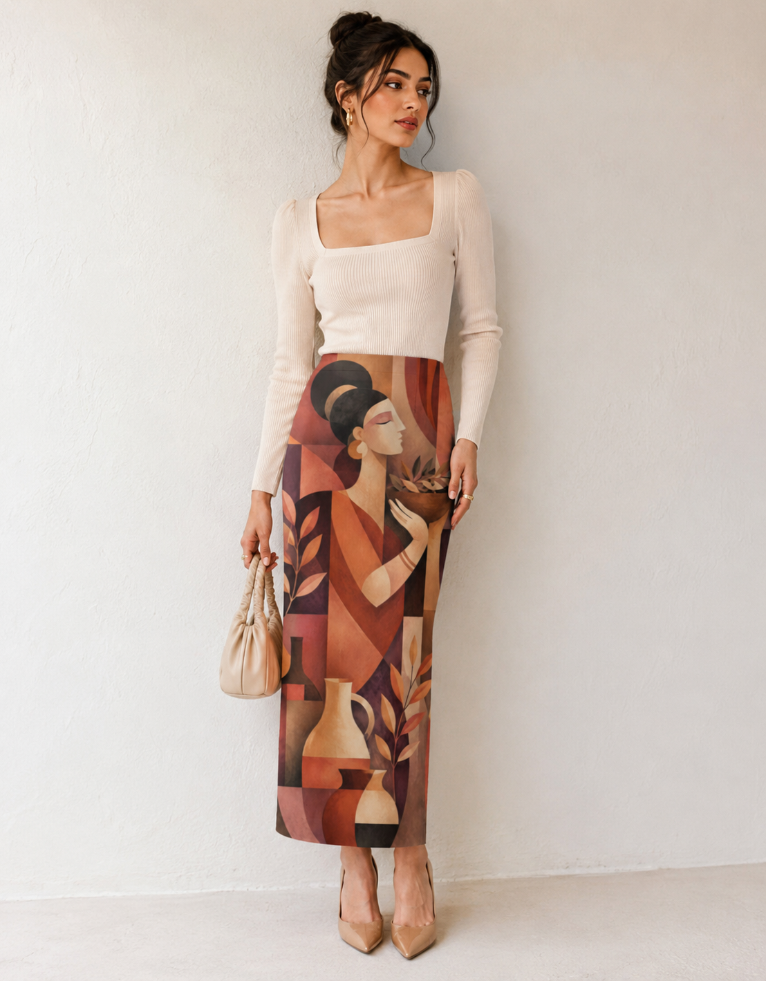 Terracotta Muse Geometric Art Printed Pencil Skirt for Women