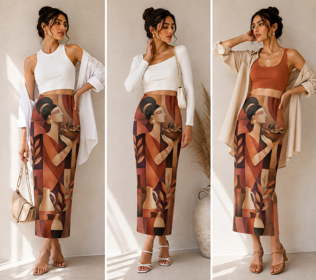 Terracotta Muse Geometric Art Printed Pencil Skirt for Women