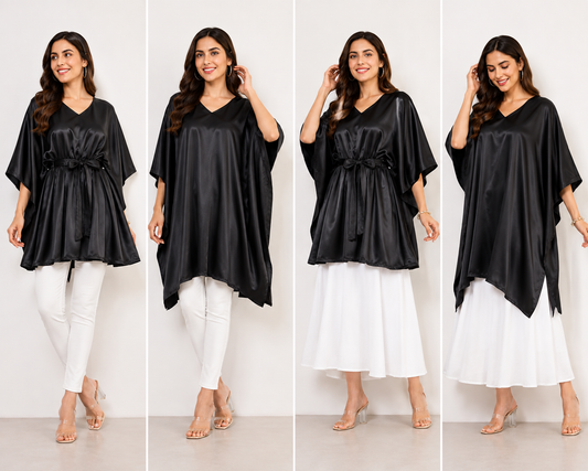 Women’s Black Colour Short Kaftan Midi Dress | V-Neck Kimono Sleeve Tunic Dress with Hidden Waist Belt |Standalone Dress or Paired with Pants | Stylish Casual & Outing Wear