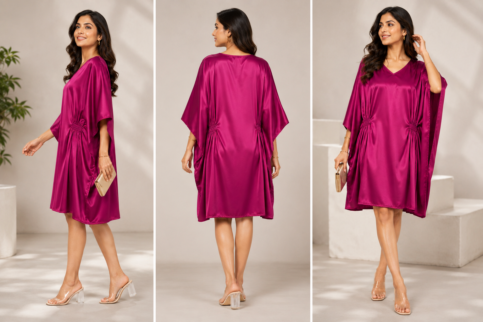 Women’s Rani Pink Colour Short Kaftan Midi Dress - Western Wear - side view | Qikink