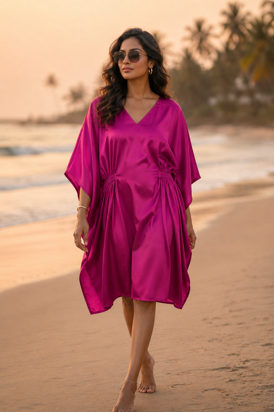 Women’s Rani Pink Colour Short Kaftan Midi Dress - Western Wear - front view | Qikink
