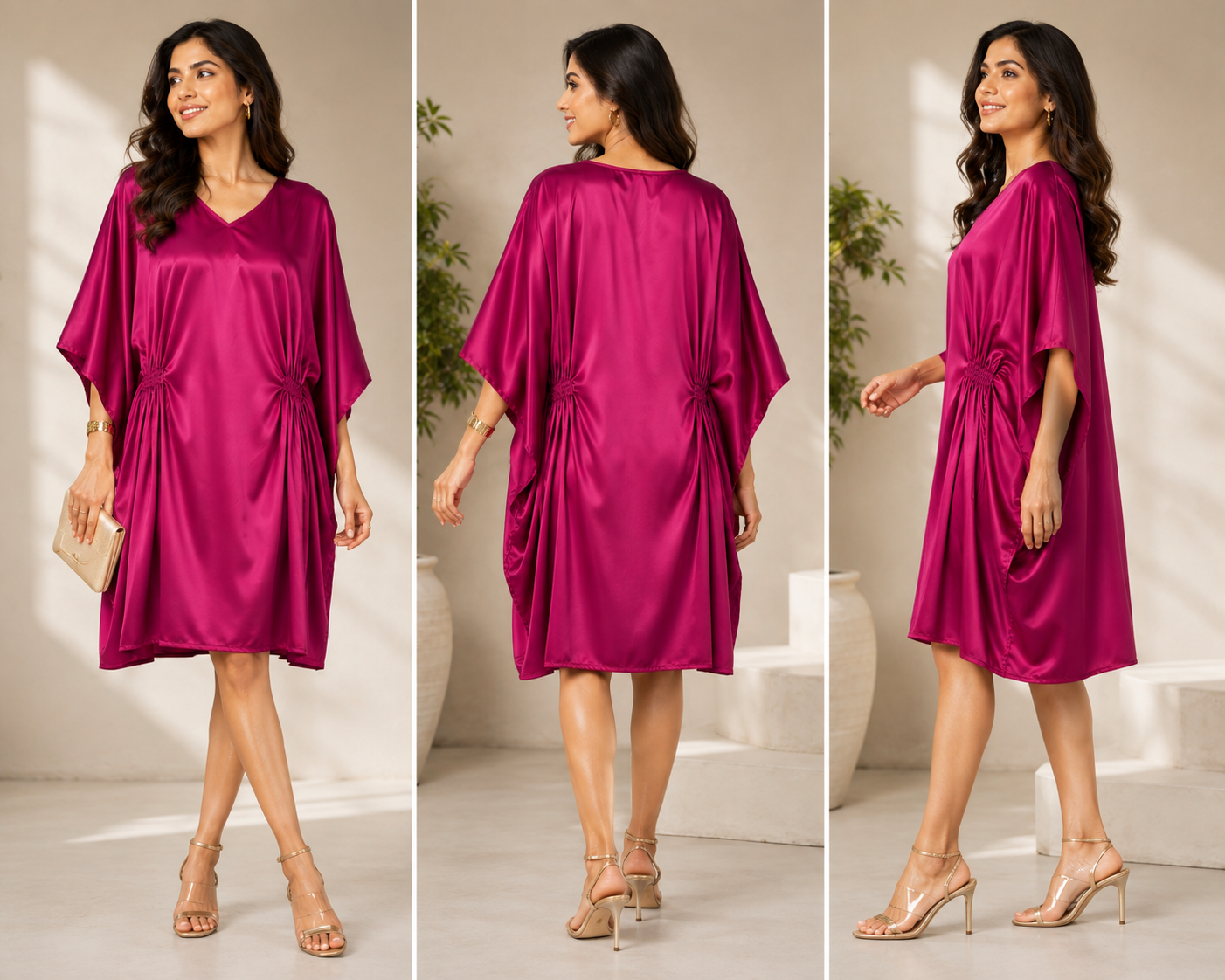 Women’s Rani Pink Colour Short Kaftan Midi Dress - Western Wear - styled full look | Qikink