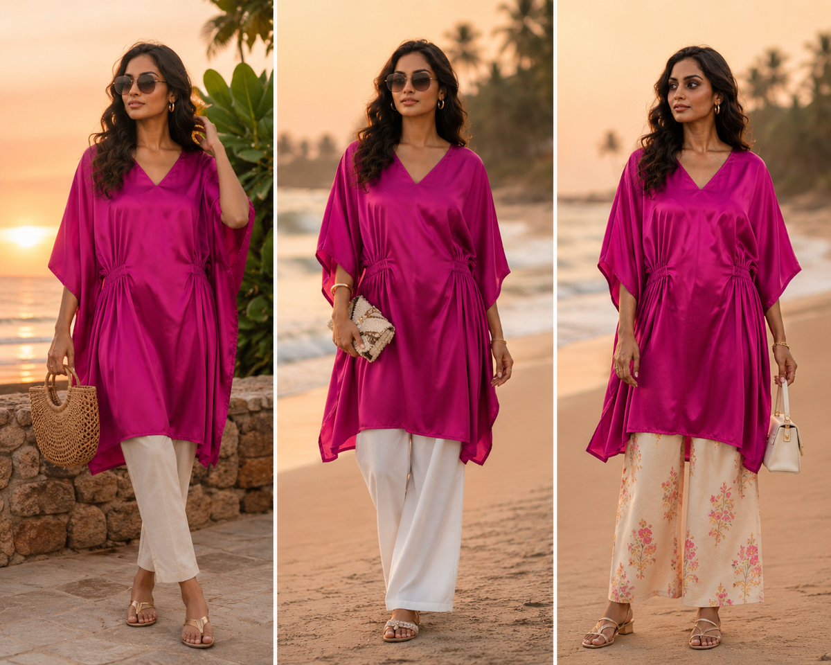 Women’s Rani Pink Colour Short Kaftan Midi Dress - Western Wear - back view | Qikink