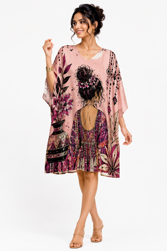 Rose Pink Bohemian Art Kaftan Midi Dress for Women - Western Wear - front view | Qikink
